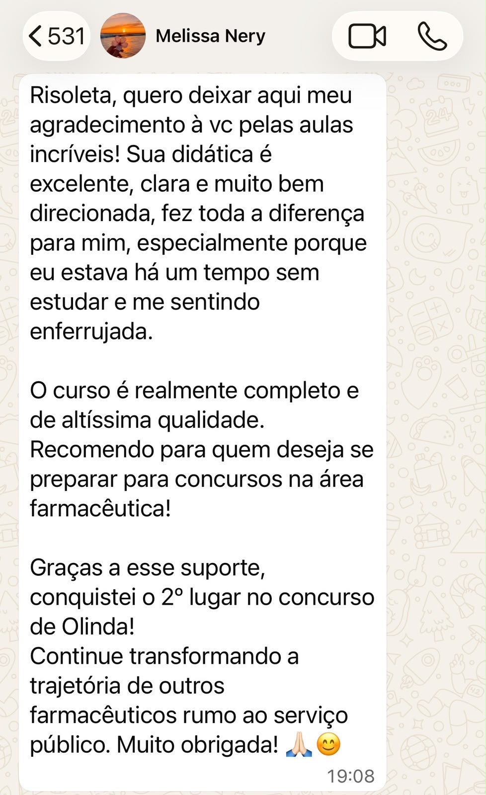 Print de depoimento de aluno(a) via WhatsApp